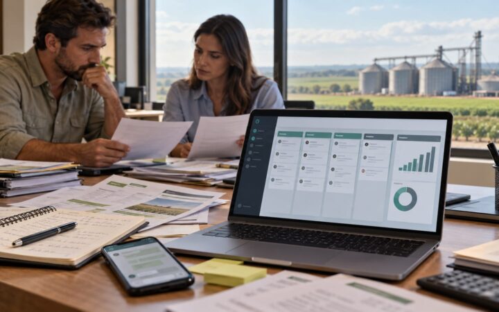 Imagem ilustrativa de profissionais do agronegócio analisando documentos ao lado de um computador com CRM, representando o desafio de conectar a tecnologia à rotina de gestão comercial.